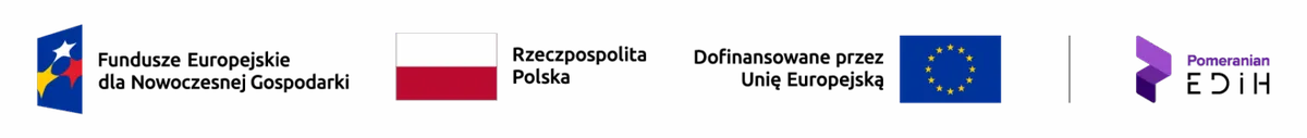 Logotypy: Fundusze Europejskie dla Nowoczesnej Gospodarki, Rzeczpospolita Polska, Dofinansowane przez Unię Europejską, Pomeranian EDIH