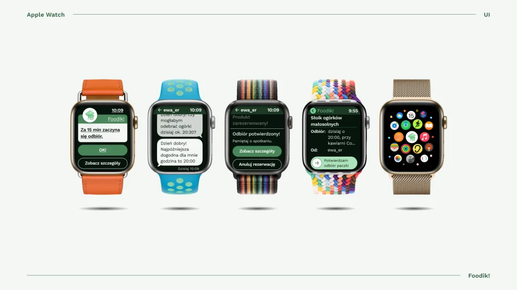 Widok aplikacji Foodik na ekranie zegarka Apple Watch