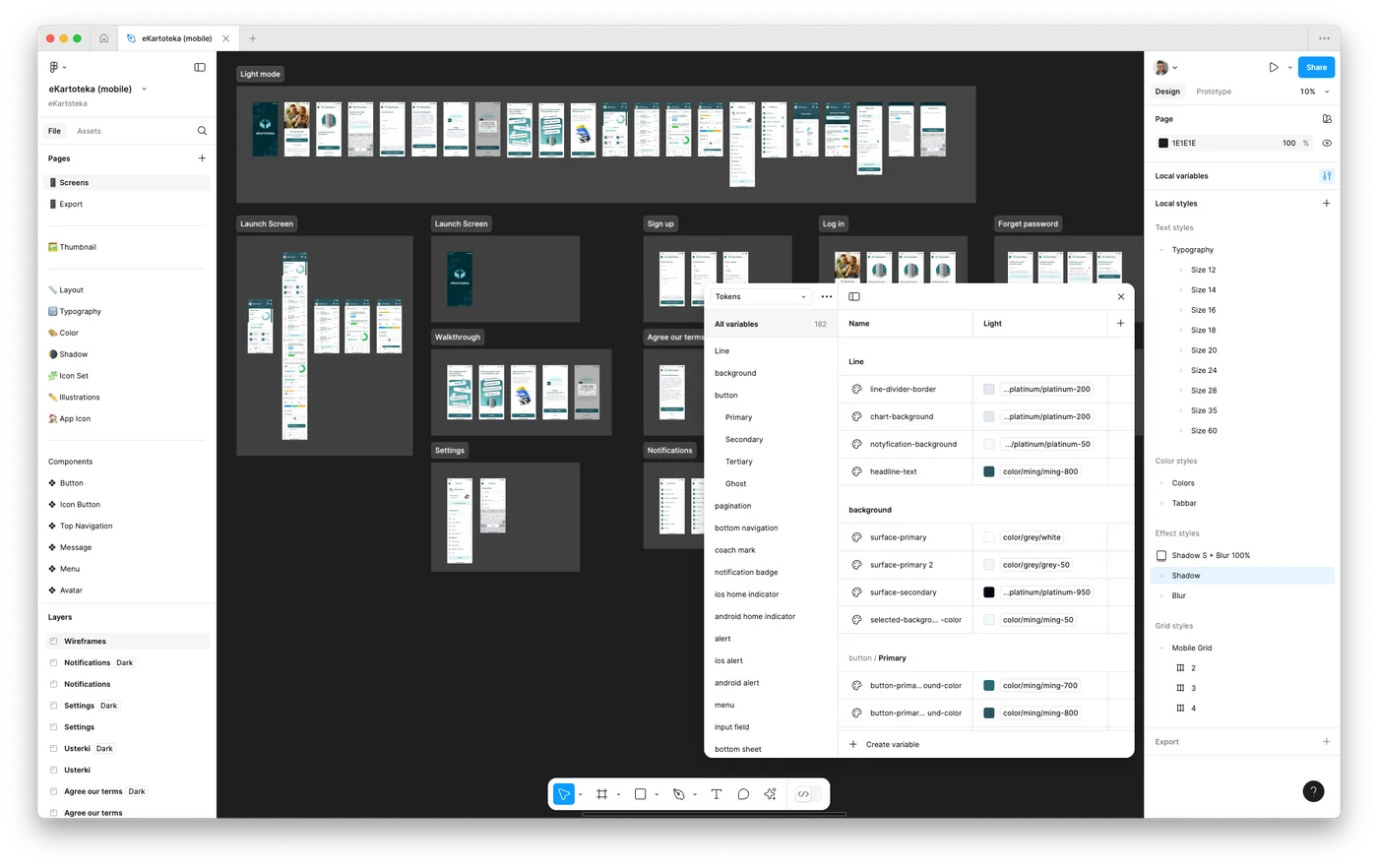 Komponenty design systemu Dynamic Layer w wersji jasnej i ciemnej