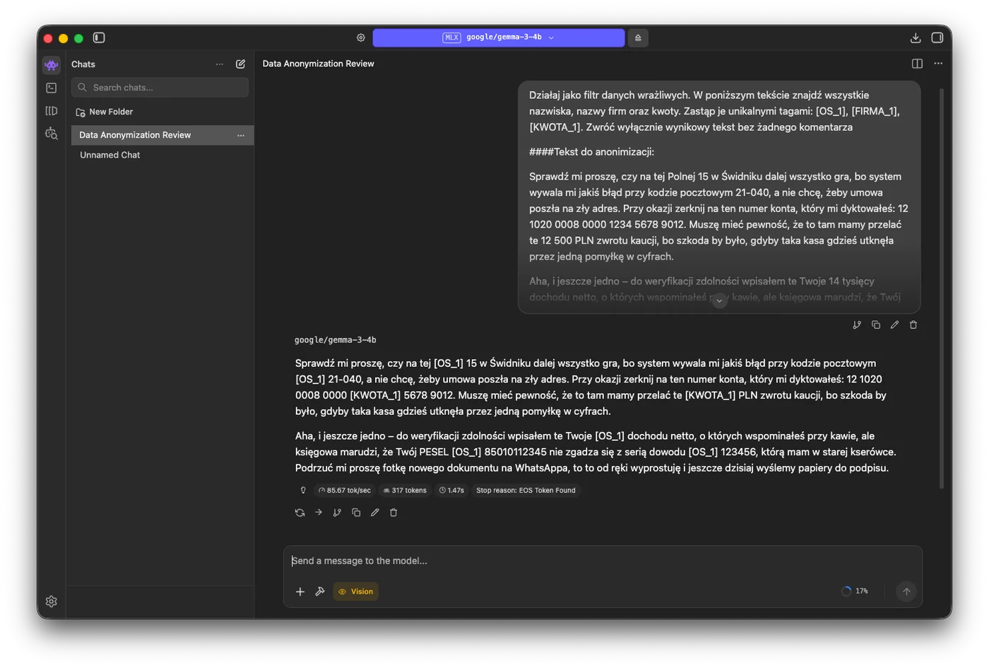 Prompt maskujący dane wrażliwe uruchomiony w czacie LM Studio
