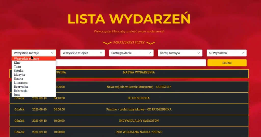 Wyszukiwarka wydarzeń z automatycznym uzupełnianiem