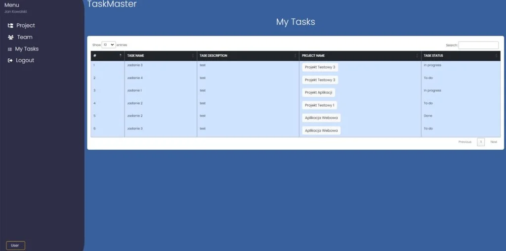 Widok projektu w aplikacji WebTask Master