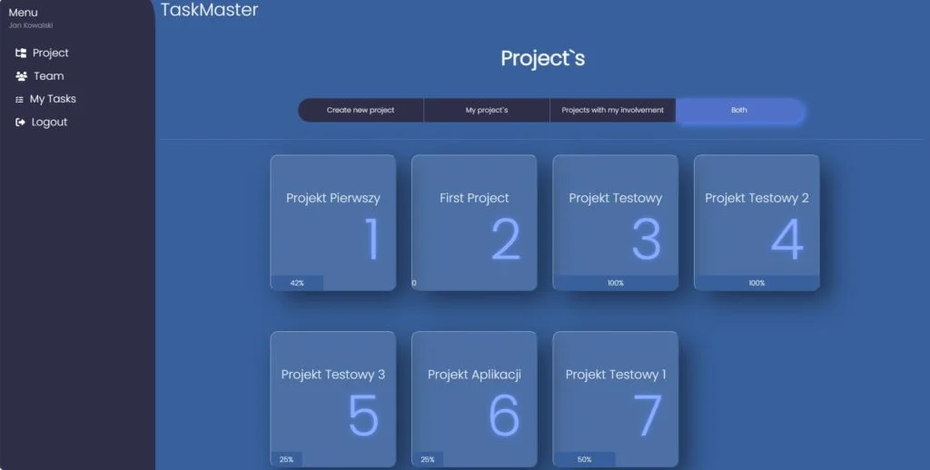 Widok projektów w aplikacji WebTask Master