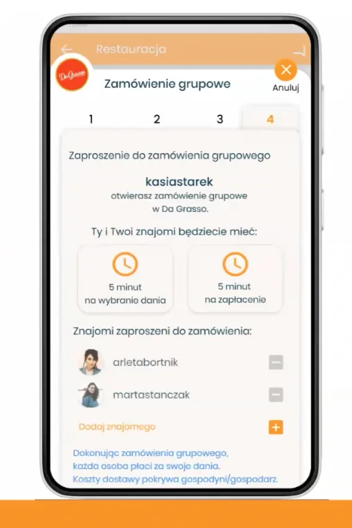 Ekran zamówienia grupowego z podziałem kosztów między uczestników