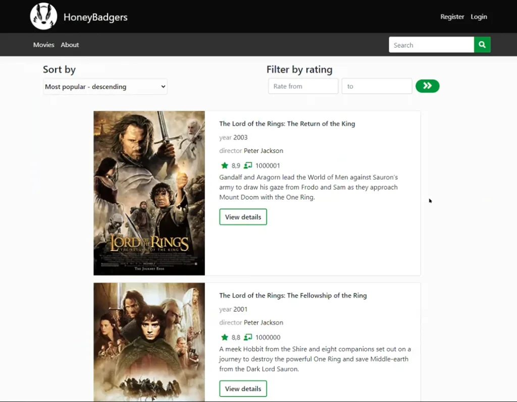 Lista filmów z ocenami i skróconymi opisami
